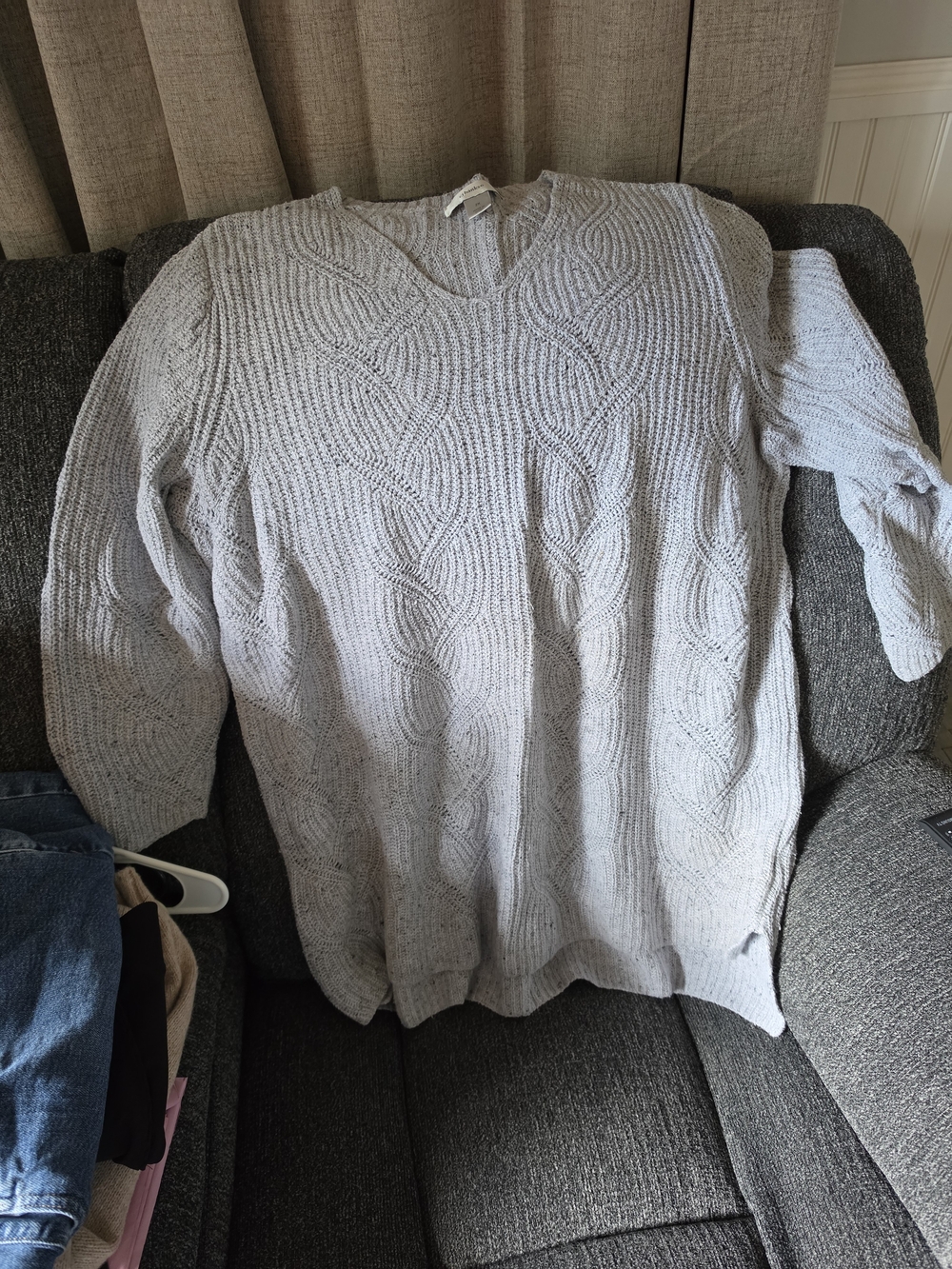 CJ Banks Light Gray V-Neck Cable Knit Sweater